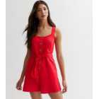 Red Cotton Button Front Playsuit
