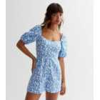 Blue Cotton Floral Swirl Print Puff Sleeve Playsuit