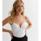 White Ribbed Jersey Strappy Ruched Bodysuit