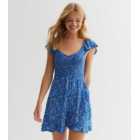 Blue Ditsy Shirred Ruffle Sleeve Mini Dress