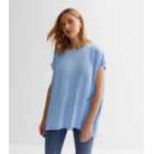 Pale Blue Fine Knit Dip Hem T-Shirt
