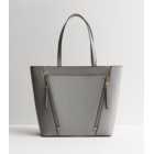 Grey Leather-Look Diagonal Zip Tote Bag