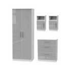 Ready Assembled Indices 4 Piece Set - Wardrobe, Chest and 2 x Bedside Cabinet - Grey Gloss and White