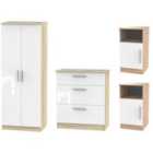 Ready Assembled Indices 4 Piece Set - Wardrobe, Chest and 2 x Bedside Cabinet - White Gloss and Bardolino Oak