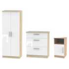 Ready Assembled Indices 3 Piece Set - Wardrobe, Chest and Bedside Cabinet - White Gloss and Bardolino Oak