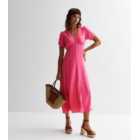 Pink Ruched Sleeve Button Front Midaxi Dress