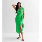 Green Crinkle Short Sleeve Wrap Midaxi Dress