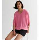 Bright Pink Ribbed Fine Knit V Neck Batwing Top