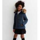 Girls Navy Faux Fur Trim Hooded Puffer Jacket