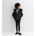 Girls Black Faux Fur Trim Hooded Puffer Jacket