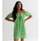 Green Abstract Print Cotton Frill Bardot Mini Dress