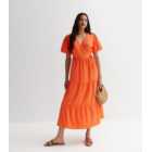 Bright Orange Textured Wrap Midaxi Dress