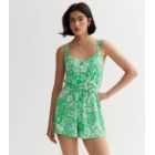 Green Floral Crinkle Button Front Playsuit