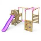 Rebo Wooden Children's Swing Set plus Deluxe Deck, 8ft Slide & Monkey Bars - Single Swing - Solar Pink