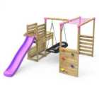 Rebo Wooden Children's Swing Set plus Deluxe Deck, 8ft Slide & Monkey Bars - Single Boat Swing - Pink