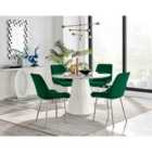 Furniture Box Palma White Marble Effect Round Dining Table and 4 Green Pesaro Silver Chairs