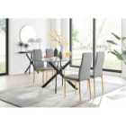 Furniture Box Leonardo Black Leg Glass Dining Table and 4 Grey Milan Gold Leg Chairs