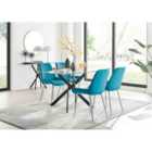 Furniture Box Leonardo Black Leg Glass Dining Table and 4 Blue Pesaro Silver Chairs