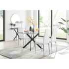 Furniture Box Leonardo Black Leg Glass Dining Table and 4 White Milan Chrome Leg Chairs