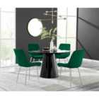 Furniture Box Palma Black Semi Gloss Round Dining Table and 4 Green Pesaro Silver Chairs