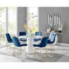 Furniture Box Palma White High Gloss Round Dining Table and 6 Navy Pesaro Gold Leg Chairs