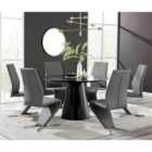 Furniture Box Palma Black Semi Gloss Round Dining Table and 6 Grey Willow Chairs