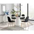 Furniture Box Palma White Marble Effect Round Dining Table and 4 Black Corona Gold Leg Chairs