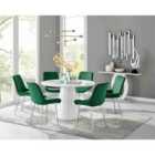 Furniture Box Palma White High Gloss Round Dining Table and 6 Green Pesaro Silver Chairs