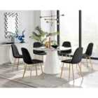 Furniture Box Palma White Marble Effect Round Dining Table and 6 Black Corona Gold Leg Chairs