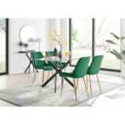 Furniture Box Leonardo Black Leg Glass Dining Table and 4 Green Pesaro Gold Leg Chairs