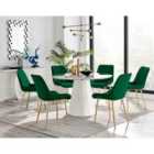 Furniture Box Palma White Marble Effect Round Dining Table and 6 Green Pesaro Gold Leg Chairs