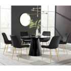 Furniture Box Palma Black Semi Gloss Round Dining Table and 6 Black Pesaro Gold Leg Chairs