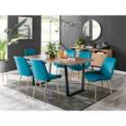 Furniture Box Kylo Brown Wood Effect Dining Table and 6 Blue Pesaro Gold Leg Chairs