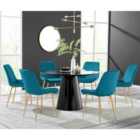 Furniture Box Palma Black Semi Gloss Round Dining Table and 6 Blue Pesaro Gold Leg Chairs