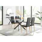 Furniture Box Leonardo Black Leg Glass Dining Table and 4 Black Milan Gold Leg Chairs
