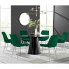 Furniture Box Palma Black Semi Gloss Round Dining Table and 6 Green Pesaro Silver Chairs