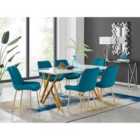 Furniture Box Taranto White High Gloss Dining Table and 6 Blue Pesaro Gold Leg Chairs