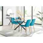 Furniture Box Leonardo Black Leg Glass Dining Table and 4 Blue Pesaro Gold Leg Chairs