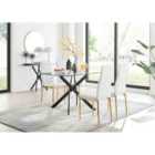 Furniture Box Leonardo Black Leg Glass Dining Table and 4 White Milan Gold Leg Chairs