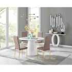 Furniture Box Palma White High Gloss Round Dining Table and 4 Cappuccino Milan Gold Leg Chairs