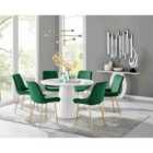 Furniture Box Palma White High Gloss Round Dining Table and 6 Green Pesaro Gold Leg Chairs