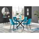 Furniture Box Novara Black Leg Round Glass Dining Table and 4 Blue Pesaro Black Leg Chairs