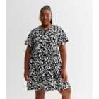 Curves Black Abstract Tie Front Mini Smock Dress