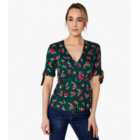 Apricot Green Floral V Neck Button Front Top