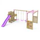 Rebo Wooden Children's Swing Set plus Deluxe Deck, 8ft Slide & Monkey Bars - Triple Swing - Neptune Pink
