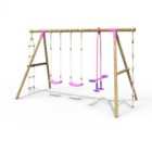 Rebo Wooden Garden Swing Set with 2 Standard Seats, Glider, Climbing Rope and Ladder - Saturn Pink