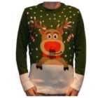 3D Knitted Christmas Jumper in Green Reindeer - Small