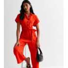 Red Utility Short Sleeve Belted Crop Jumpsuit
