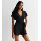 Black Ribbed Wrap Front Belted Playsuit