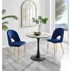 Furniture Box Elina White Marble Effect Round Dining Table and 2 Blue Arlon Gold Leg Chairs